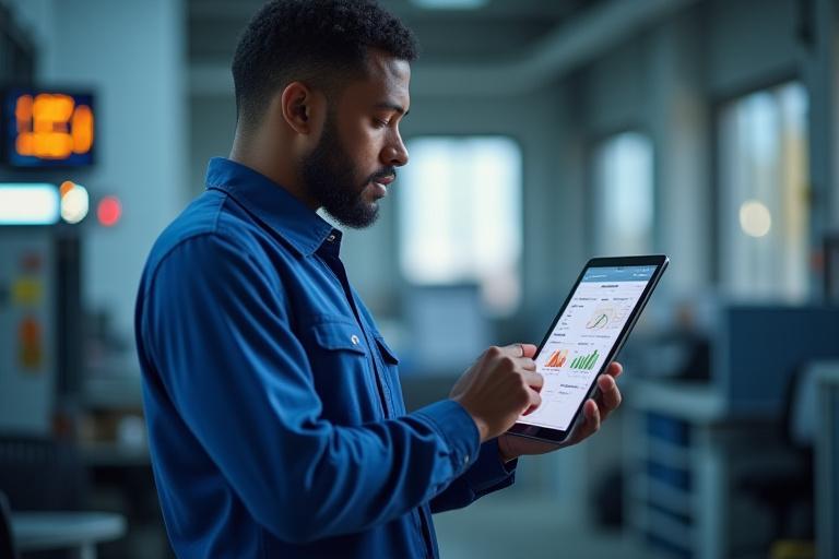 A fleet manager reviewing maintenance reports on a tablet