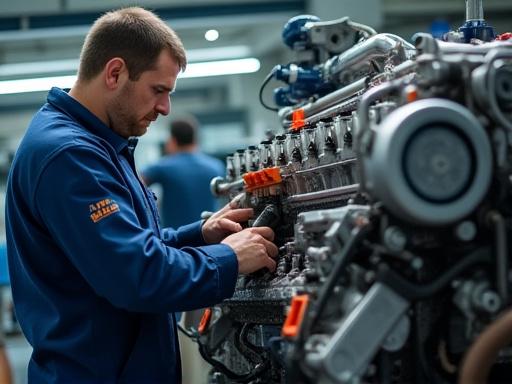 Technician working on a diesel engine in the Ardamas shop