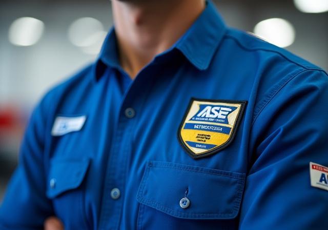 An Ardamas technician with an ASE certification patch on their uniform