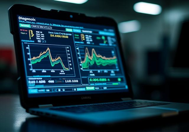 A ruggedized laptop displaying engine diagnostic data