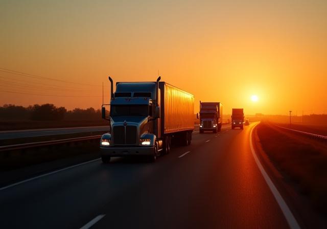 A fleet of trucks driving on a highway at sunset, symbolizing uptime
